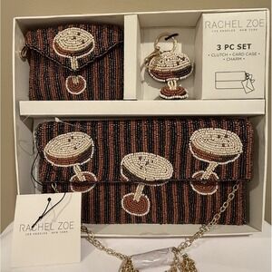 RACHEL ZOE 3 PC SET BEADED STRIPED ESPRESSO MARTINI CLUTCH CARD CASE & BAG CHARM